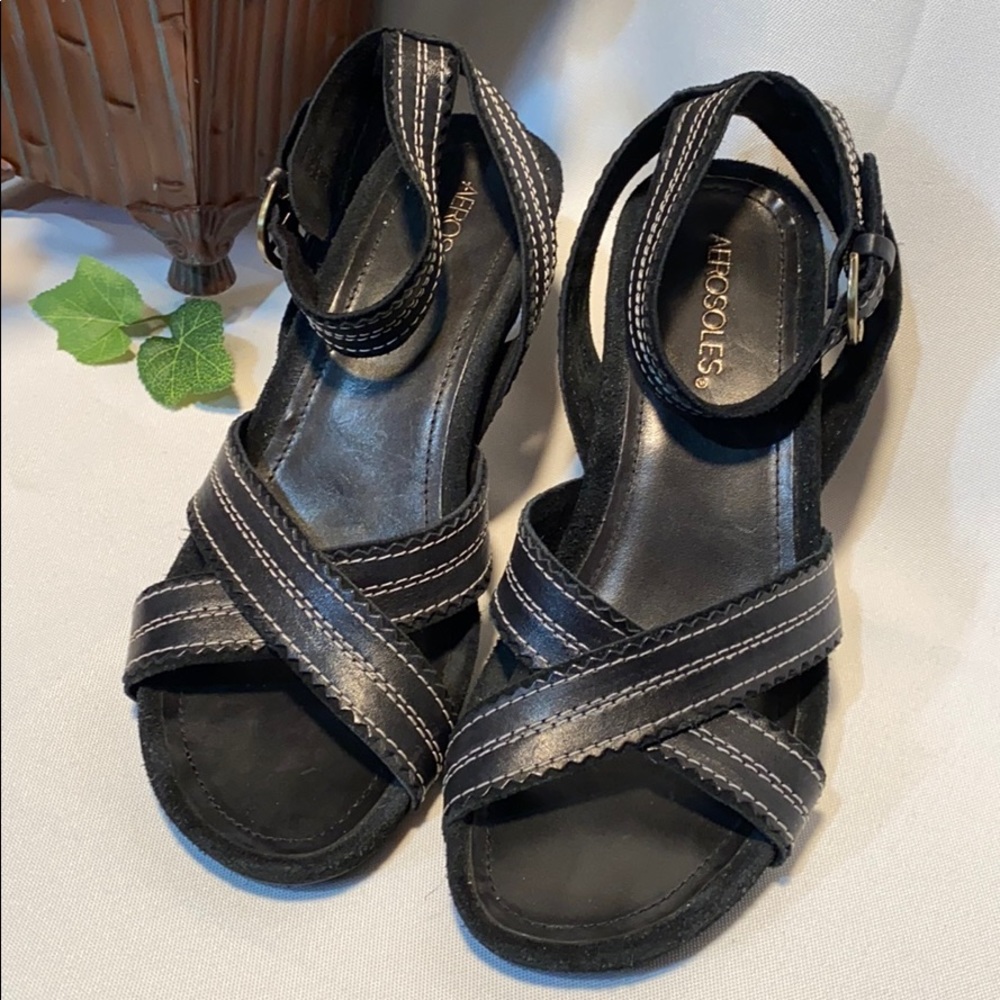 Aerosoles Black Leather Ankle Strap Wedge Sandals